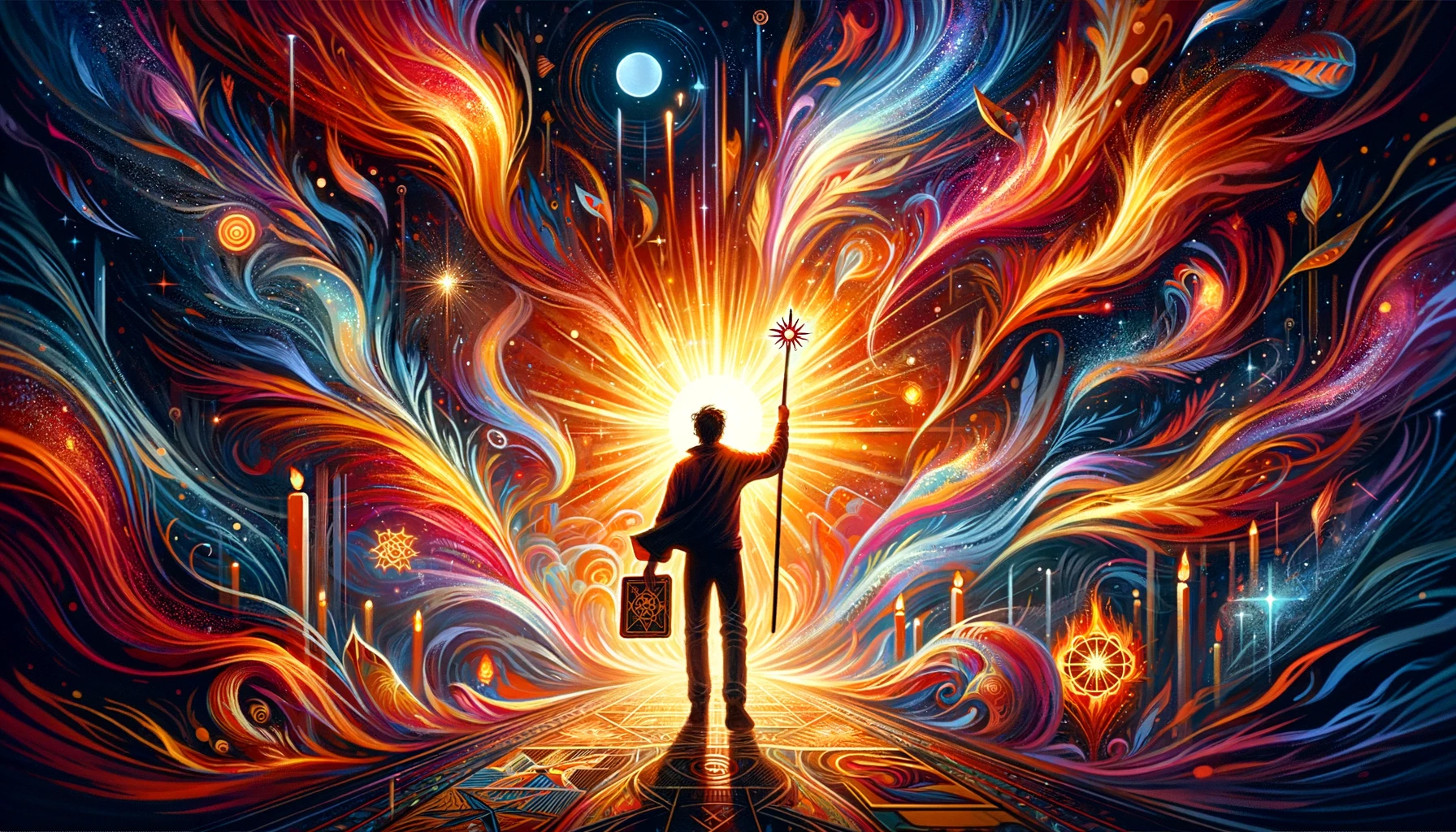 The image features an individual surrounded by vibrant energy and light, embodying the essence of discovery, enthusiasm, and the thrill of new ventures. Their posture exudes optimism and courage, reflecting the youthful spirit of adventure associated with the Page of Wands tarot card.