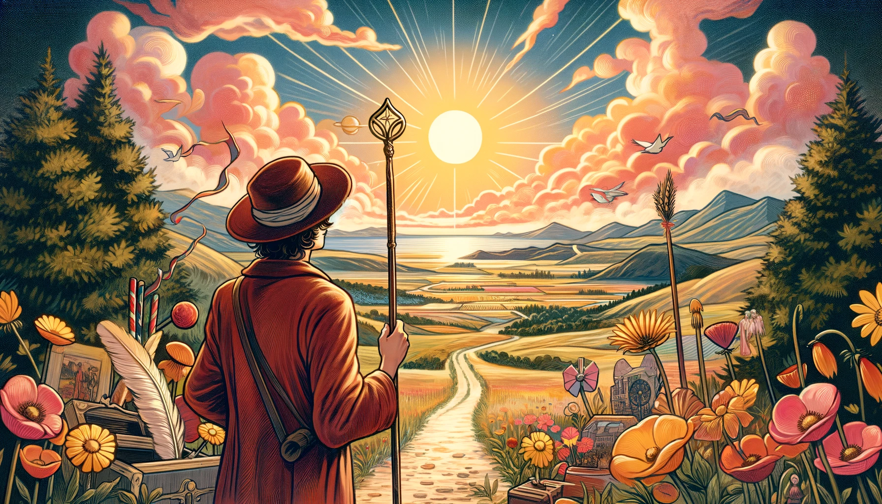 The image shows an individual standing with determination and hope, symbolizing the longing for new experiences and personal growth. Set against an open landscape, it represents endless possibilities, embodying the spirit of the Page of Wands: curious, energetic, and ready to embark on new adventures.