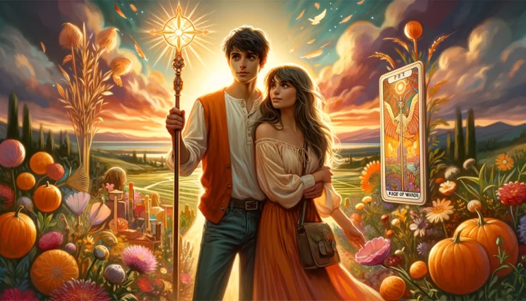 The image illustrates the concept of new beginnings, exploration, and excitement within a relationship. A young couple is depicted embarking on a journey of discovery. Set against a vibrant and lively environment, the scene indicates boundless opportunities for growth and connection, embodying the energy and passion associated with this card's influence on a love outcome.