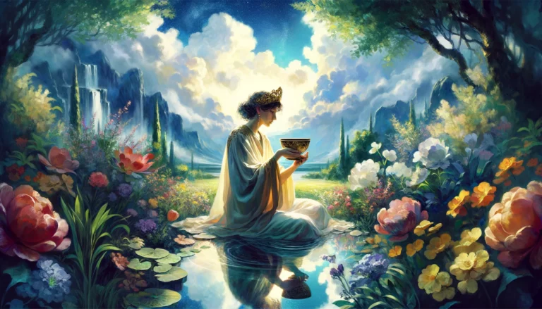 "The image depicts emotional depth, intuition, and nurturing within relationships. It enriches the article by portraying the serene and healing presence of the Queen of Cups, emphasizing emotional intelligence, compassion, and deep connections."