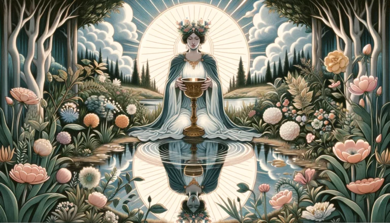 "An illustration representing the Queen of Cups from the Tarot deck, depicting empathy, emotional depth, and intuitive understanding. The Queen is shown in a serene pose, surrounded by gentle waters and symbolic elements, reflecting her compassionate nature and intuitive insights explored in the article."