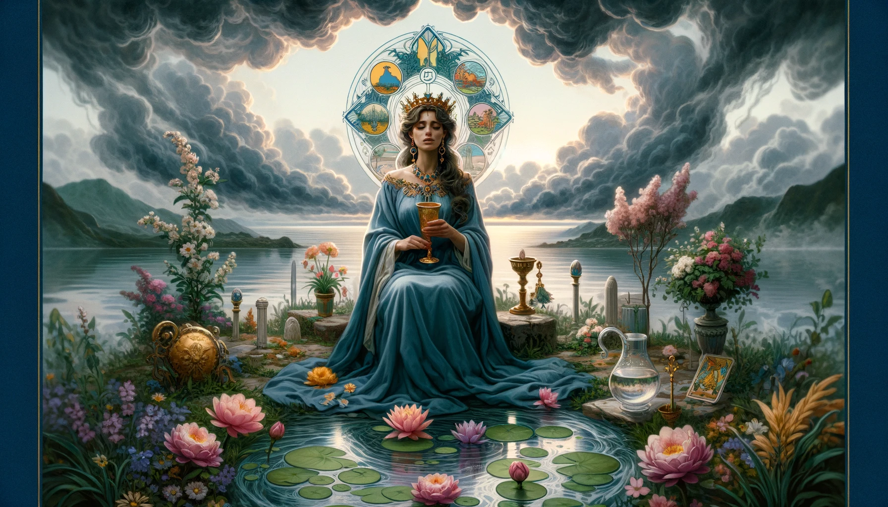 "An illustration depicting the Queen of Cups card from the Tarot deck, symbolizing emotional depth, understanding, and the desire for nurturing relationships. The Queen is portrayed in a serene pose, surrounded by symbols of empathy and intuition, complementing the theme of the article."