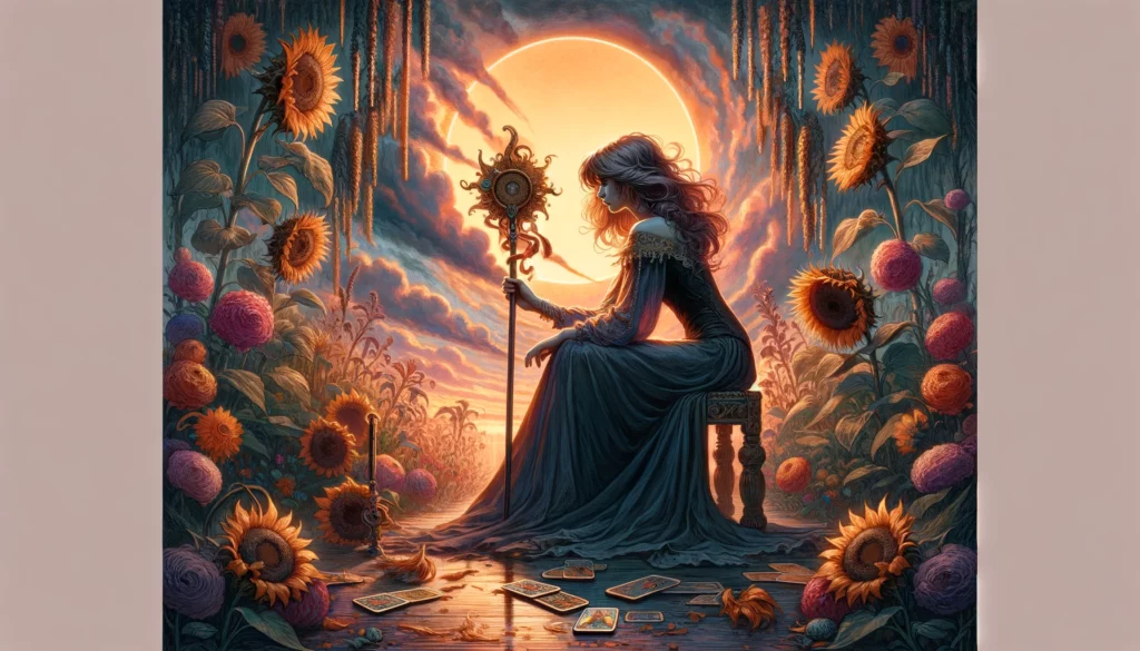 An illustration depicting the Queen of Wands in a reflective pose amidst a subdued garden, symbolizing a period of introspection and cooling passions. Despite the somber tone, her expression hints at resilience, suggesting the potential for rekindling her fiery spirit.