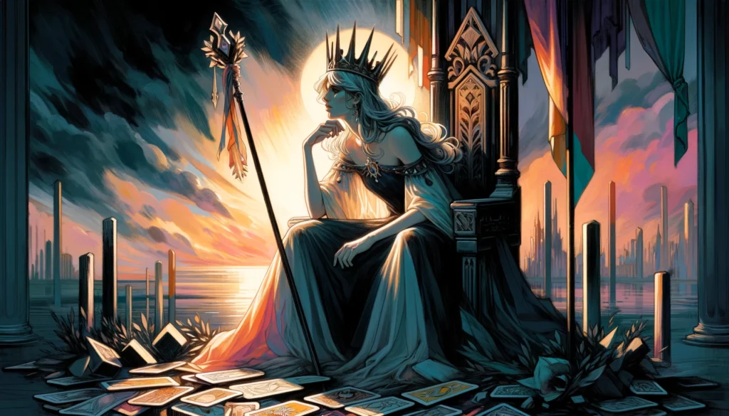 An illustration of the Queen of Wands depicted in a contemplative pose, surrounded by a background symbolizing complexity and challenges. Her demeanor reflects a balance between her usual vibrant energy and the current period of introspection and uncertainty.