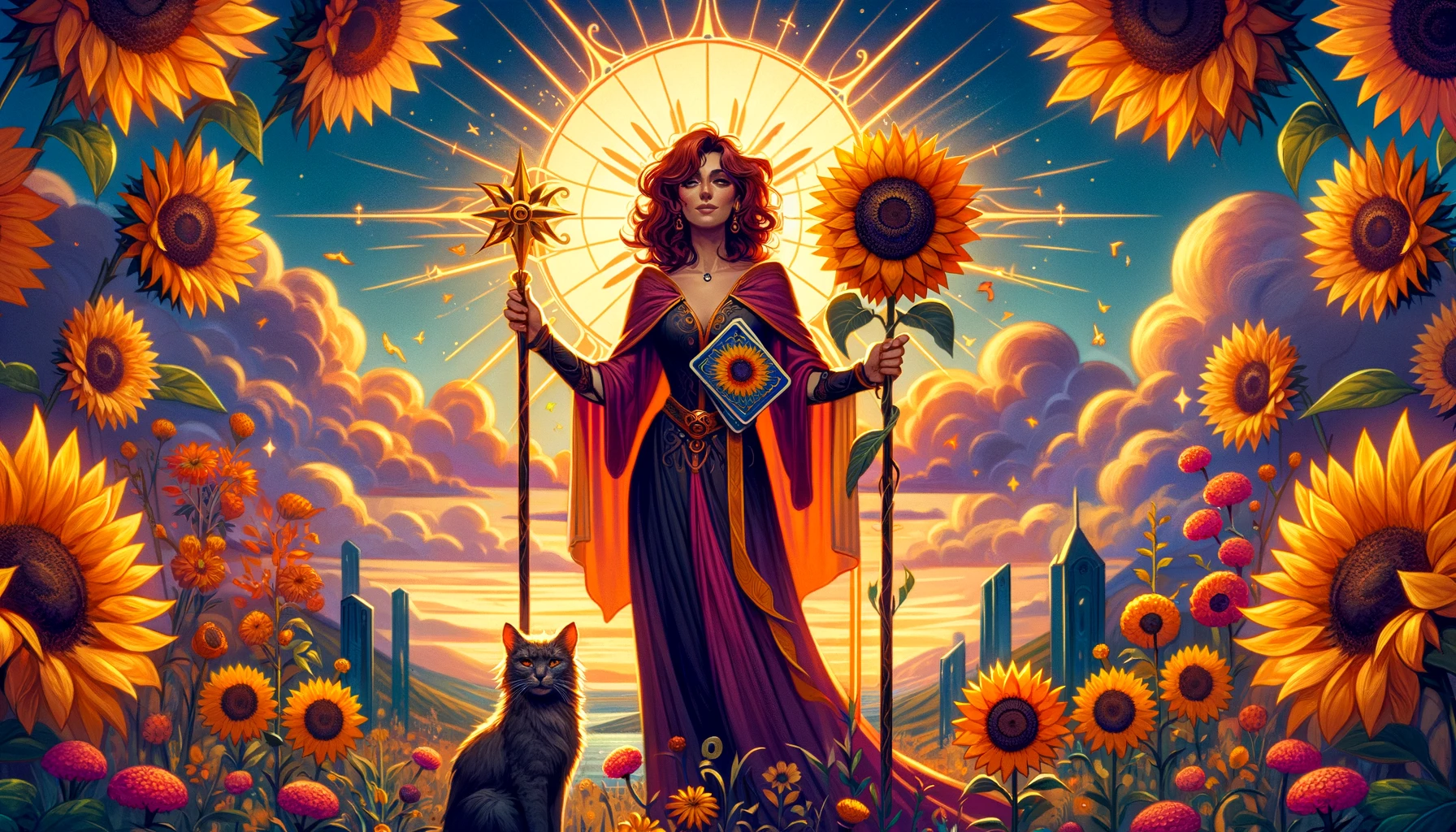 An illustration of the Queen of Wands depicted confidently amidst a vibrant landscape. She embodies qualities of leadership, creativity, and warmth, surrounded by sunflowers symbolizing loyalty and adoration, reflecting her ability to manifest dreams and aspirations.