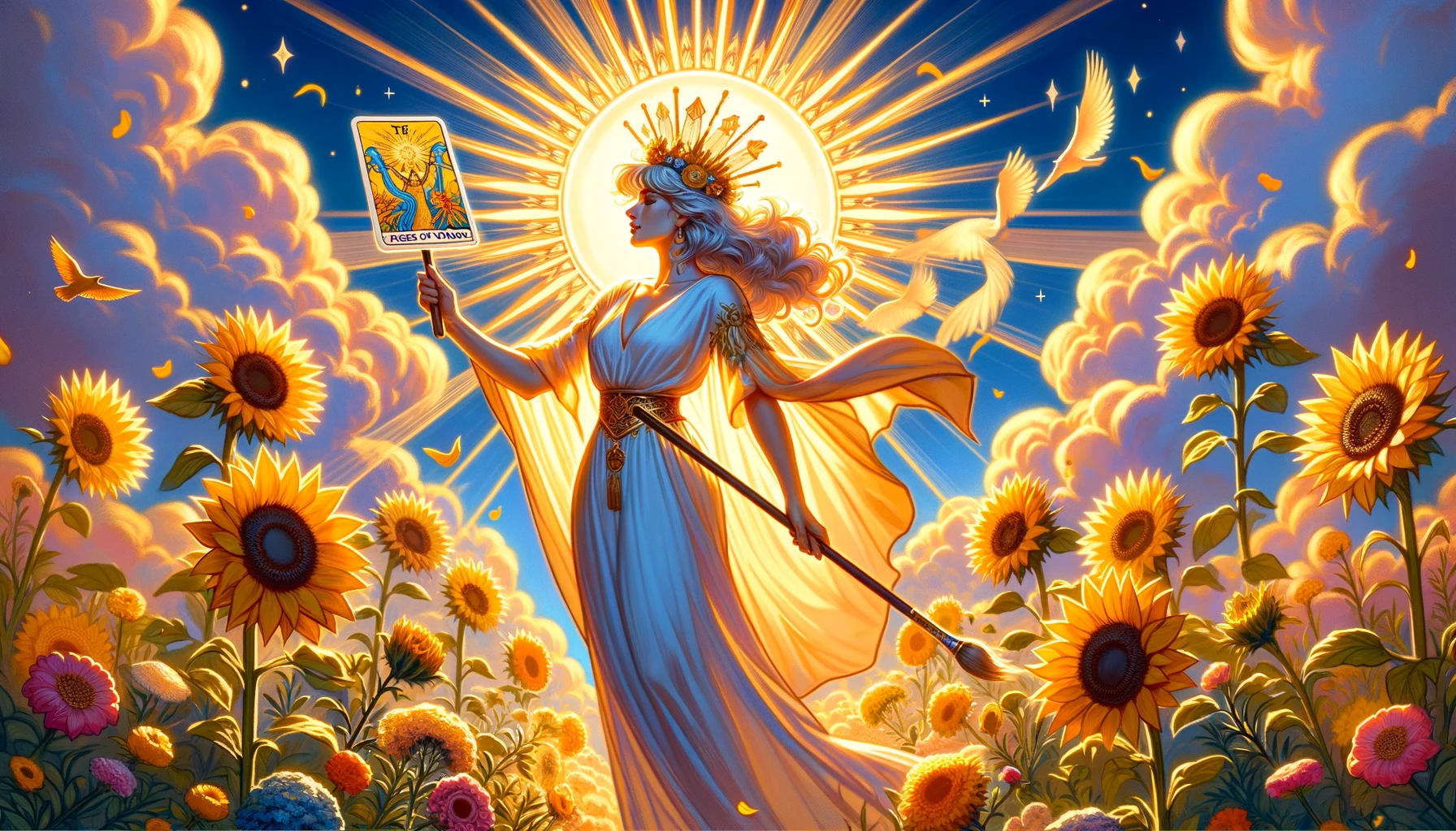 An illustration showcasing the Queen of Wands confidently holding her wand aloft against a backdrop of vibrant energy and warmth, conveying a strong sense of positivity, action, and confidence, suggesting a positive answer to the question at hand.