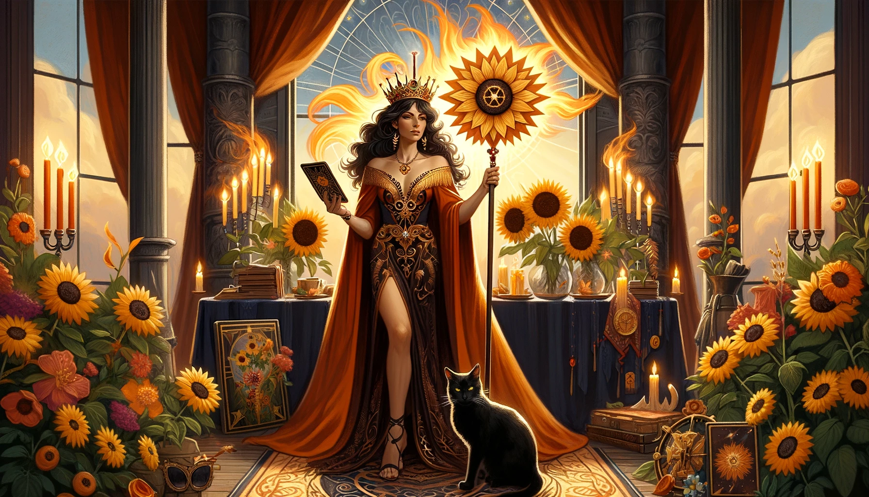 An illustration depicting the Queen of Wands standing confidently, exuding charisma and leadership qualities. She is surrounded by symbols of creativity and passion, embodying her role as a natural leader and influencer.