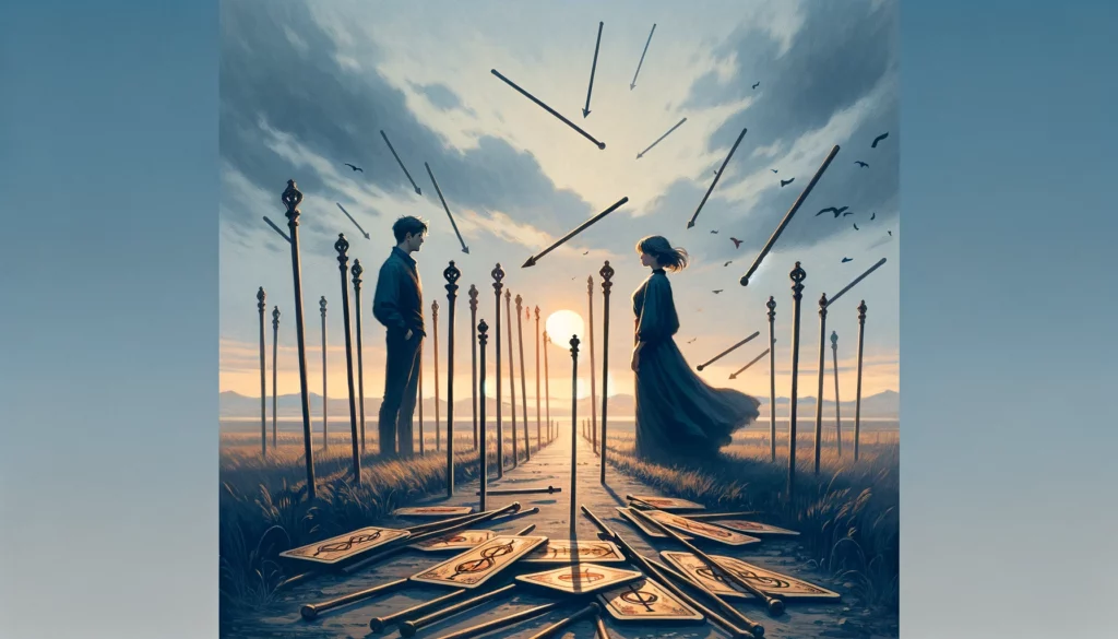 The image depicts a couple standing apart, their body language indicating misalignment and tension, symbolizing delays and miscommunication in their relationship. Against a backdrop of swirling fog and blurred outlines, uncertainty and challenges are palpable. However, there's a subtle hint of hope, suggesting the potential for overcoming difficulties and finding clarity amidst the confusion. The visual representation enriches the article by illustrating the couple's struggle with uncertainty and the possibility of resolution and growth.





