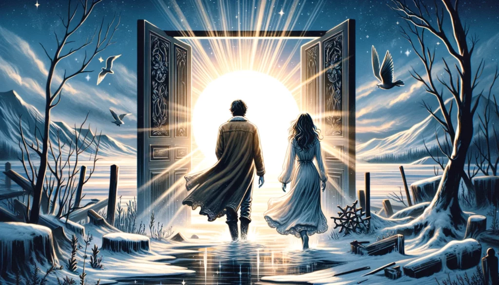 Couple walks from barren landscape into warmly lit space, symbolizing transition from hardship to healing and abundance. Emphasizes relief, optimism, and mutual support in overcoming adversity and nurturing relationship growth.






