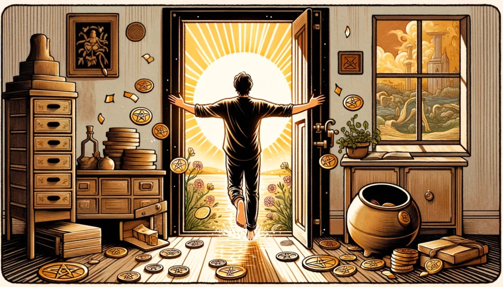 An individual stepping from a confining space into a larger, sunlit area, symbolizing the emotional journey from holding tightly to material possessions towards embracing openness and life experiences. Captures the essence of the Reversed Four of Pentacles, highlighting the positive transformation associated with letting go of excessive control and material concerns for a richer, more connected life.