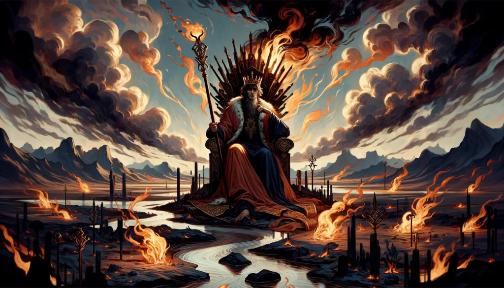 An illustration vividly capturing the complexities of leadership challenges, impulsiveness, and unfulfilled ambitions. It showcases the King in a moment of uncertainty, surrounded by a tumultuous environment that reflects the chaos resulting from poor decision-making or a lack of vision. This visual representation enriches the article by illustrating the potential consequences of impulsiveness and the hope for regaining control with the right approach.