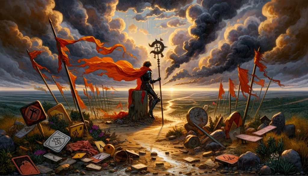 An illustration depicting the Reversed Knight of Wands, shown halting in their tracks amidst signs of misadventure or obstacles. The scene evokes themes of haste, impulsiveness, and the potential fallout from unconsidered actions, embodying a moment of realization or regret and emphasizing the need for reassessment and caution moving forward.