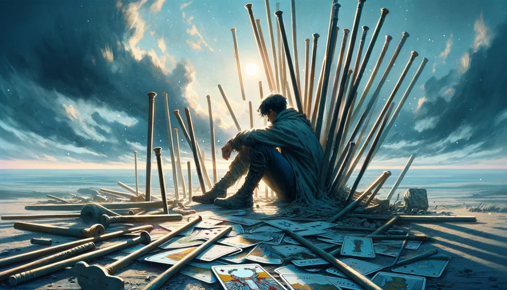 The image portrays the theme of feeling overwhelmed and questioning one's ability to continue facing challenges. The individual appears weary and contemplative amid the chaos, symbolizing the introspective journey towards finding a new way forward. Set against a backdrop emphasizing the struggle and uncertainty, there's a hint of potential for renewal and change. The visual representation enriches the article by illustrating the complexities of navigating adversity and the possibility of finding resilience and growth amidst introspection.