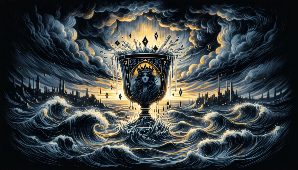  "Illustration depicting emotional overwhelm and disconnection, reflecting the complexities of the Reversed Queen of Cups card. The image conveys introspection, healing, and the pursuit of understanding emotions within a symbolic backdrop, enriching the exploration of emotional landscapes in Tarot readings."





