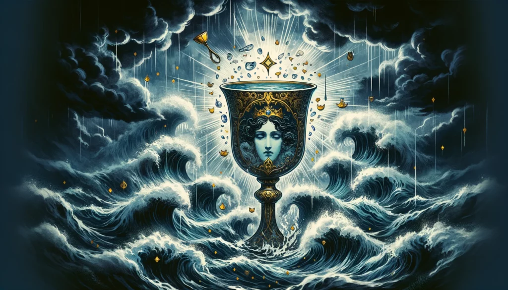 "An illustration representing the Reversed Queen of Cups in the Tarot deck, depicting emotional challenges, the need for self-care, and heightened awareness. The Queen is shown in contemplation, surrounded by turbulent waters and reflective imagery, symbolizing the card's themes of emotional imbalance and introspection."