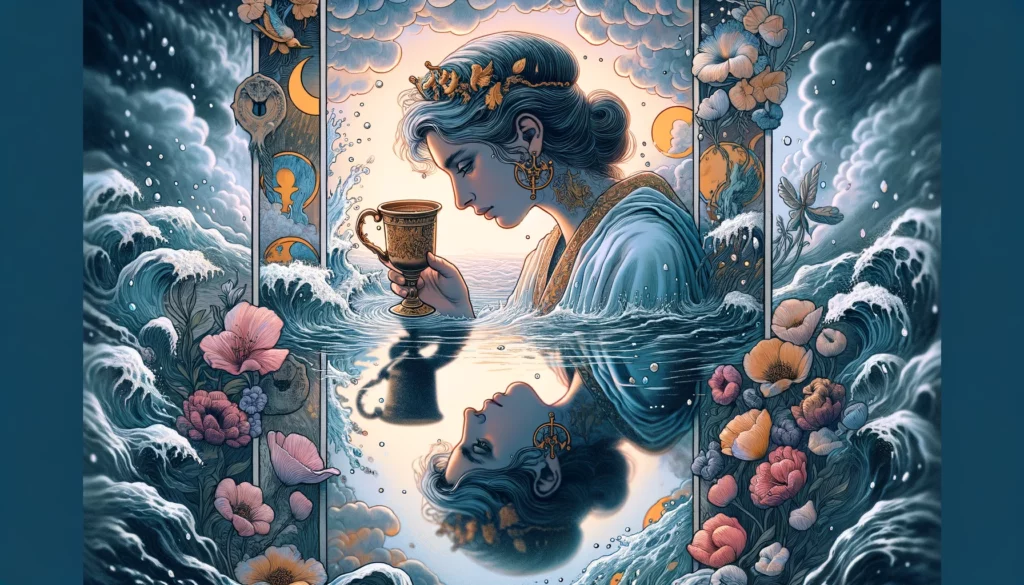 "An illustration representing the reversed Queen of Cups from the Tarot deck, depicting emotional turmoil and introspection. The Queen is shown in a reflective pose, surrounded by swirling waters and symbolic imagery, reflecting the theme of emotional complexity and the journey towards clarity and healing explored in the article."