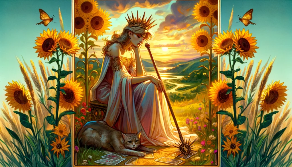 An illustration of the Queen of Wands depicted in a reflective stance, surrounded by a backdrop indicating inner turmoil and uncertainty. Her posture suggests introspection and subdued confidence, embodying the nuances of self-doubt and the potential for personal growth through overcoming internal obstacles.






