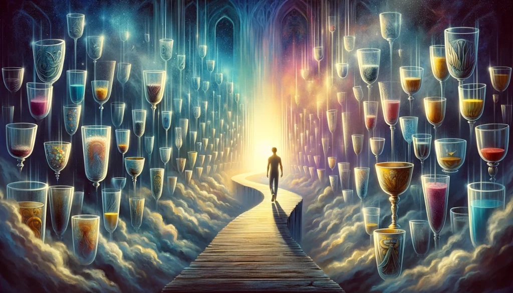  "An illustration depicting the transition from a multitude of fantasies towards embracing a single, true desire, symbolizing the journey from confusion and indecision to clarity and determination, complementing the exploration of psychological and emotional shifts towards self-discovery and focused decision-making."