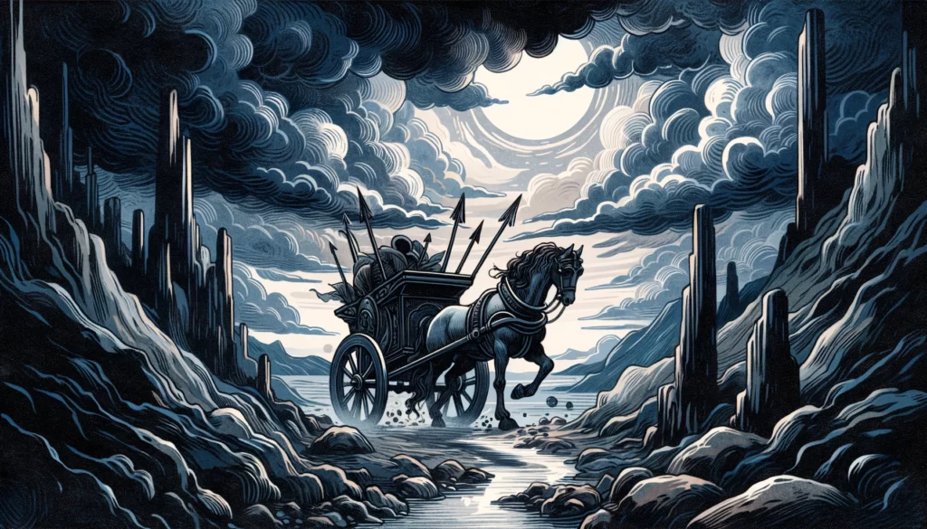 "Chariot in disarray amidst obstacles, set against a stormy landscape, conveying turbulence and conflicts hindering progress, with a mood of introspection and reassessment, depicted through a color palette of dark blues, grays, and hints of red."