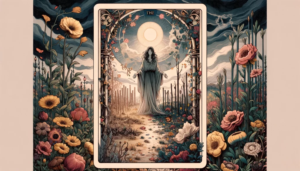 "A depiction of a less vibrant garden with wilted flowers and barren patches, suggesting a struggling relationship or lack of nurturing and support, under the distant or faded presence of The Empress. Muted or darker tones convey themes of disconnection, stagnation, and unfulfilled potential, signaling the need for renewal or reevaluation in the relationship."