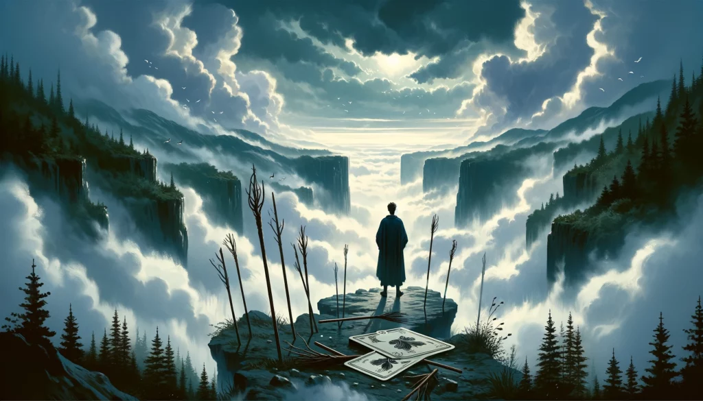 The image illustrates themes of disappointment, unmet expectations, and a sense of being hindered in personal growth. It depicts someone experiencing setbacks and challenges, highlighting the need for patience, reevaluation, and finding new strategies to overcome obstacles. The backdrop symbolizes uncertainty and frustration, urging a reconsideration of plans and a search for alternative paths forward.