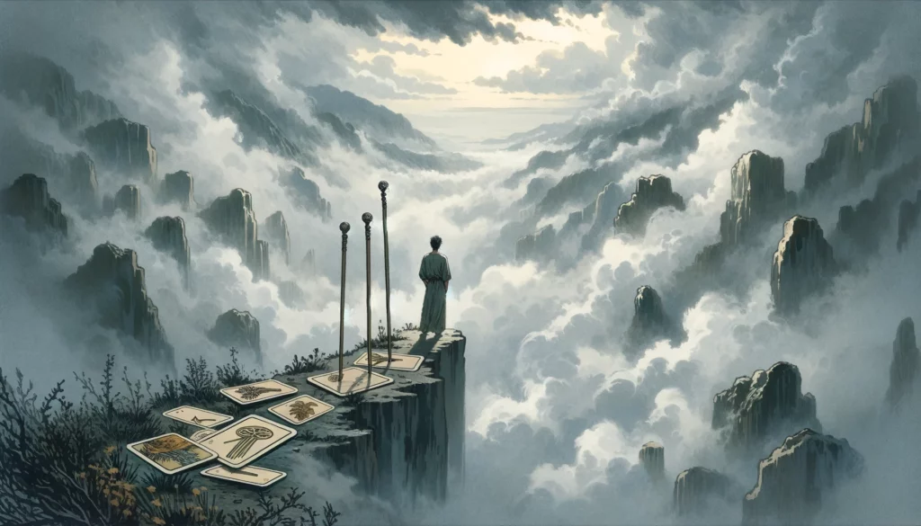 The image illustrates themes of delays, obstacles, and the reassessment of plans. It depicts a sense of being at a standstill, with progress halted by unforeseen challenges or a need for more careful planning. The backdrop symbolizes uncertainty and lack of clarity, represented by dense fog and scattered wands.





