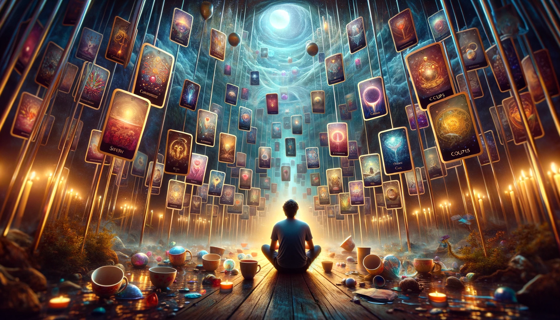 "Illustration portraying a figure in a reflective and overwhelmed state, surrounded by various choices and emotions against an enchanting yet confusing backdrop. This image complements the exploration of navigating through emotional choices and fantasies, embodying the introspective and bittersweet mood evoked by the 'Seven of Cups' tarot card."