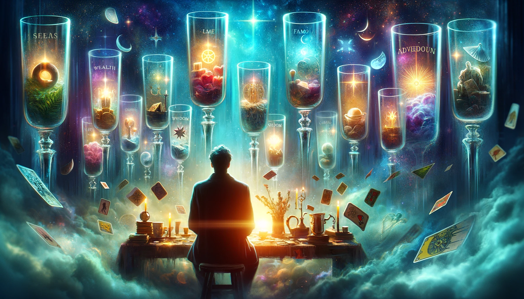 "A thoughtful depiction of contemplation amidst a plethora of desires, symbolizing the introspective journey towards discerning true aspirations from the captivating world of possibilities. This visual narrative provides a compelling backdrop for exploring the navigation of dreams and the dilemmas of choice."