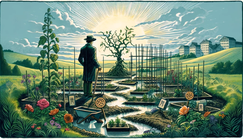  The image depicts an individual standing in a garden with wilting plants and barren patches of soil, symbolizing stagnation or unsuccessful growth. The person appears contemplative, with a furrowed brow and a hand on their chin, suggesting deep thought and reflection. This visualization embodies the essence of unrealized potential and the need for reassessment. It highlights the importance of learning from experiences to cultivate success in future endeavors, emphasizing the challenges of adapting to unexpected outcomes and the necessity of flexibility in achieving goals.