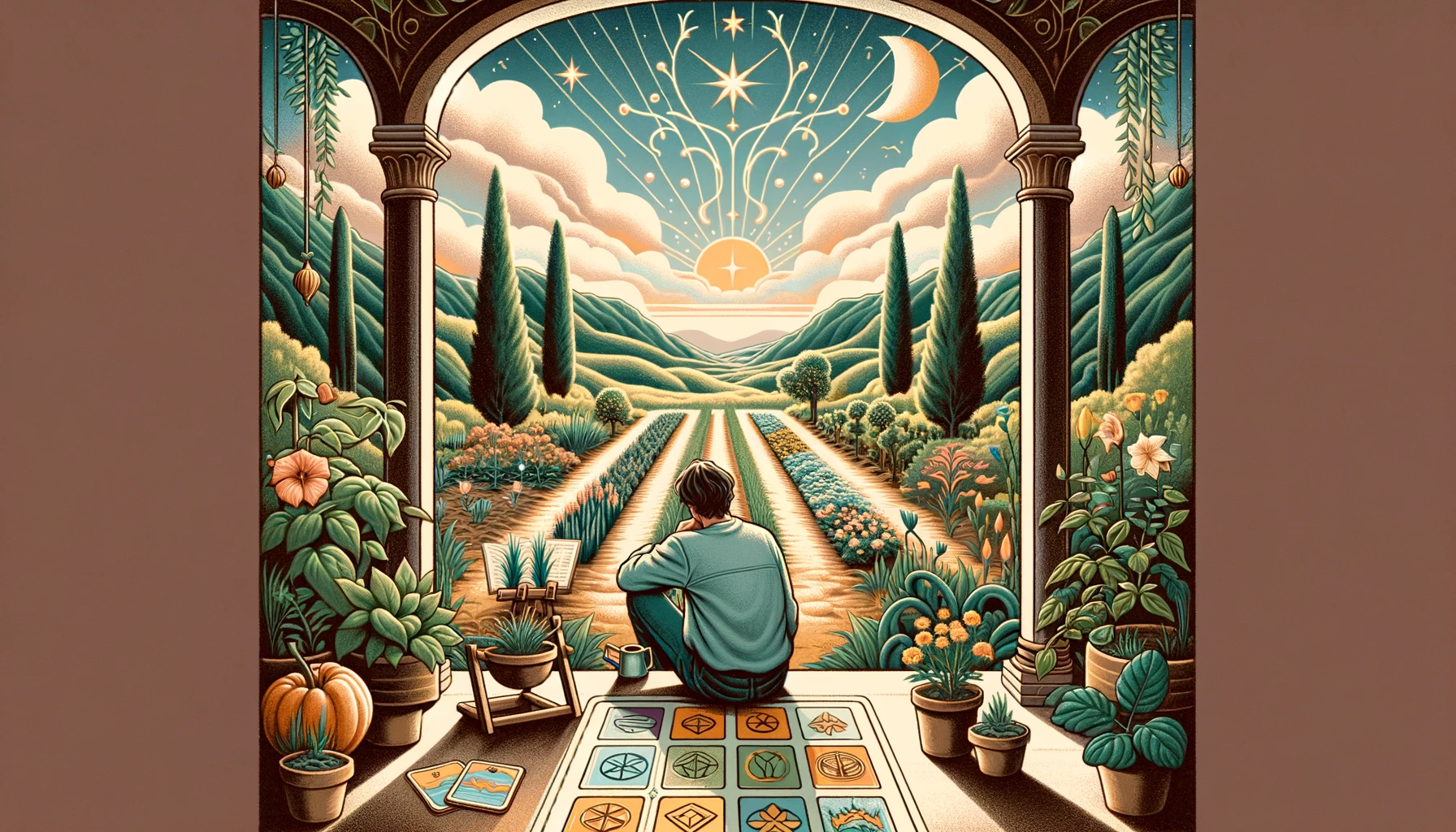 The image depicts an individual sitting in a tranquil garden, surrounded by lush greenery and blooming flowers. The person appears deep in thought, with a contemplative expression, suggesting introspection and emotional reflection. This visualization embodies the essence of emotional growth and the rewards of patience in relationships. It highlights the importance of self-reflection to appreciate the journey of emotional investment, emphasizing the balance between care, effort, and the natural development of feelings over time.