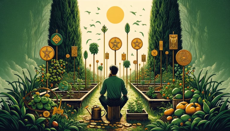 The image shows an individual standing in a vibrant garden filled with lush greenery and blooming flowers. The person appears contemplative, surrounded by pentacles that are growing and flourishing. This visualization embodies the desire for patience, recognizing the importance of time and continuous effort in achieving long-term goals. It conveys aspirations for growth, success, and the rewards of diligent labor. The scene emphasizes the balance between hard work and strategic patience, highlighting the importance of nurturing one's endeavors for future rewards.