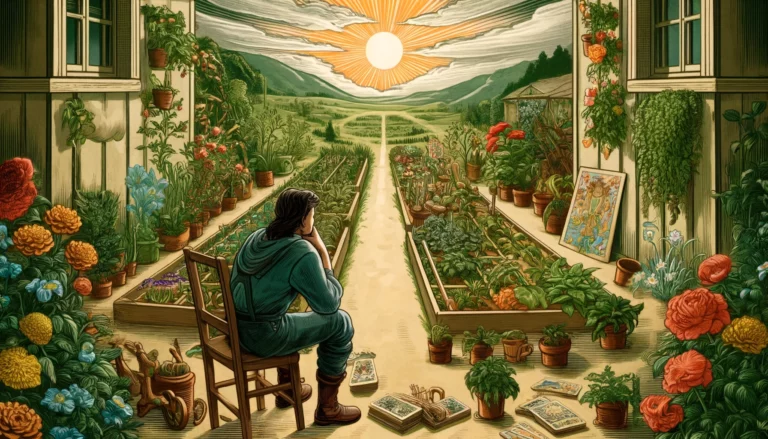 The image depicts an individual standing in a garden, surrounded by lush greenery and blooming flowers. The person appears thoughtful, with a hand resting on their chin, indicating deep contemplation. This visualization embodies a critical moment of assessment, patience, and strategic planning, highlighting the individual's efforts and investments. It conveys the essence of taking stock of one's position, acknowledging successes, and identifying areas for improvement. The scene suggests making informed decisions for continued progress and achievement.