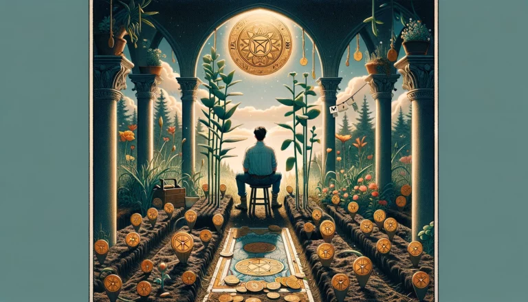 The image depicts an individual standing in a garden, surrounded by pentacles that have started to sprout. They are assessing their work with a thoughtful expression, embodying the card's message of patience, effort, and the potential for future rewards. This visualization suggests a "Maybe" rather than a definitive "Yes" or "No," highlighting the importance of perseverance, strategic planning, and nurturing one's investments for eventual success.