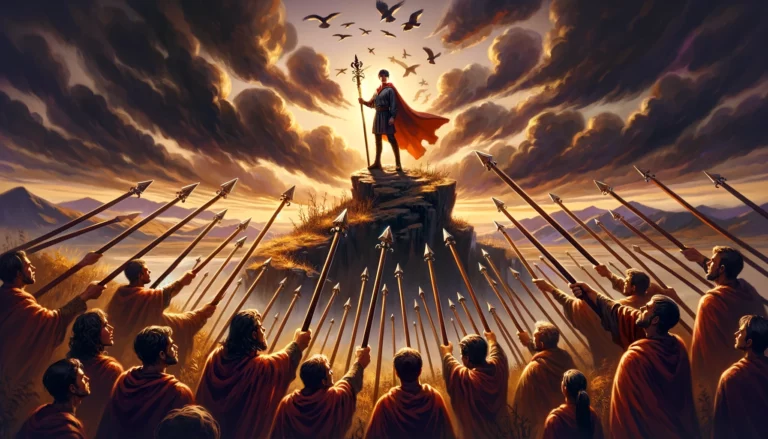 The image features a solitary figure standing tall amidst swirling shadows and fiery hues, symbolizing the tension of confronting opposition. Their stance exudes determination and resilience against challenges. The backdrop portrays a struggle, yet emphasizes the individual's steadfast resolve to prevail. The bold and fiery color palette embodies the spirit of the Seven of Wands, highlighting the intensity and courage required to stand one's ground.
