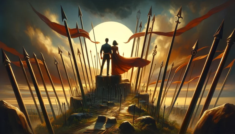 An image portraying a couple standing united in resilience, facing external pressures or opposition with determination. They are depicted as symbolizing collective strength and commitment to protect their relationship and uphold their values. The backdrop emphasizes the safety and security they find in each other, highlighting their readiness to face the world together.
