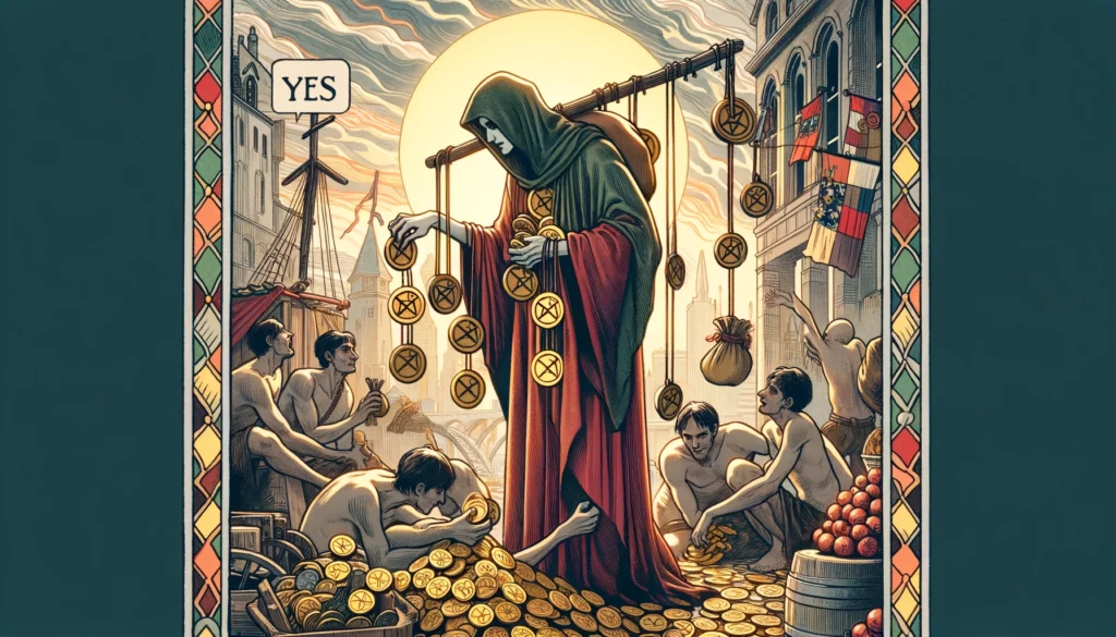 The image depicts a figure hoarding pentacles, set against a backdrop of scarcity and imbalance, symbolizing a negative "No" response. This scene emphasizes issues of greed, inequality, and a lack of generosity, highlighting the consequences of selfishness and the importance of a more balanced approach to giving and receiving within a community.