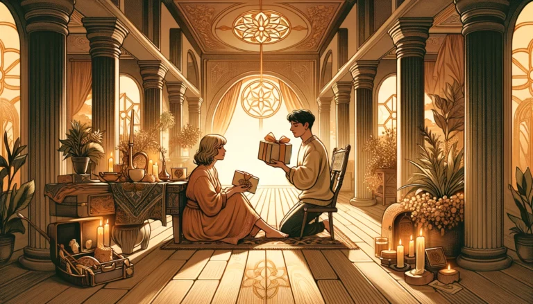 The image depicts a couple engaged in an act of mutual giving and receiving, symbolizing a balanced and healthy exchange of love, support, and generosity within their relationship. The warm and inviting setting reflects the harmony and equity of their partnership, emphasizing the themes of fairness, mutual respect, and the nurturing of a supportive and caring relationship.