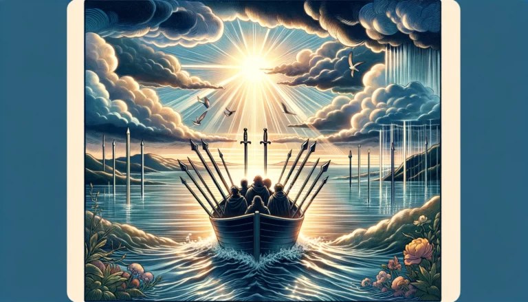"A visual representation of the emotional journey from turmoil to calm and clarity, with elements suggesting progress, healing, and the pursuit of tranquility. The scene invites contemplation on the card's significance as a symbol of emotional growth and the quest for inner peace."
