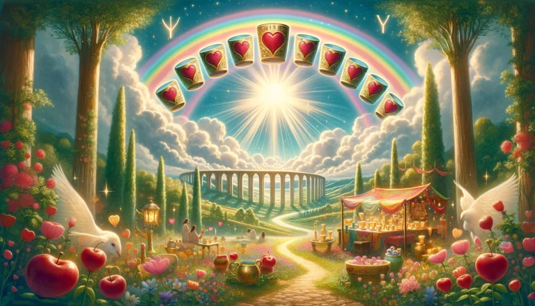 "Illustration portraying ultimate emotional fulfillment and happiness in relationships and home life under a radiant rainbow, symbolizing the celebration of emotional abundance and well-being associated with receiving a 'Yes' answer through the Ten of Cups."