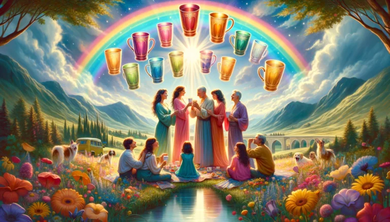 "Illustration portraying ultimate emotional fulfillment, happiness, and harmonious home life, symbolized by a blissful family or close friends under a vibrant rainbow."
