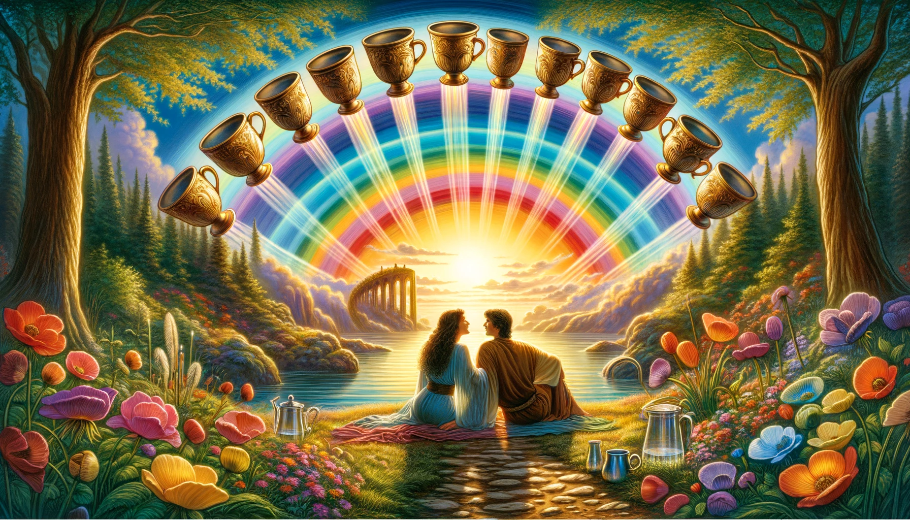 "Illustration representing joy, harmony, and emotional fulfillment within a romantic relationship, depicted under a vibrant rainbow symbolizing bliss and contentment."