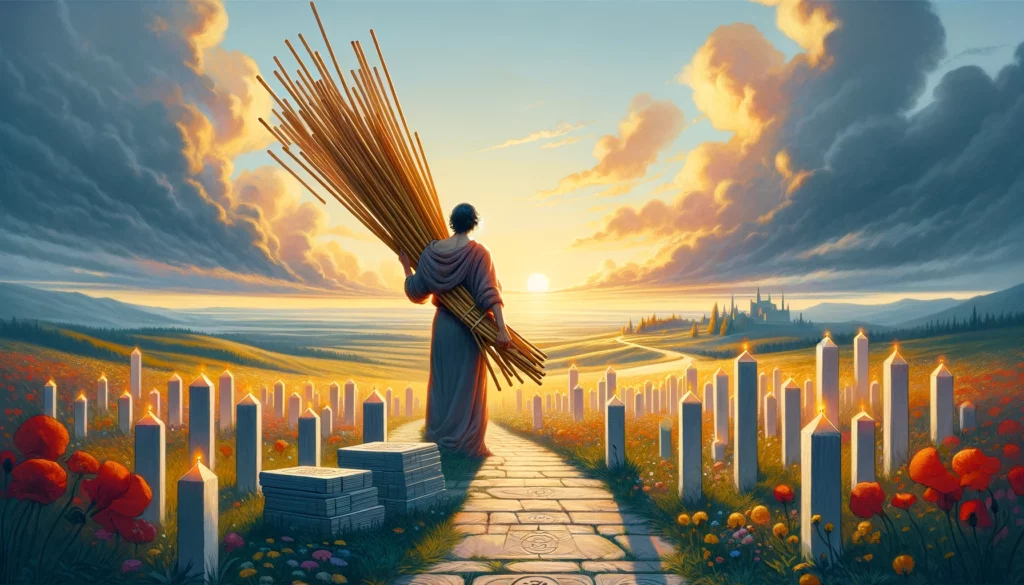 The image portrays an individual setting down wands, symbolizing the release of burdens and the pursuit of relief from overwhelming responsibilities. Against a backdrop of an expansive landscape, it conveys the sense of liberation and the emergence of new opportunities, embodying the transition from stress to peace and the potential for a fresh start.