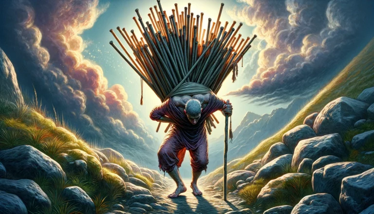The image depicts the intense emotional weight and sense of responsibility that comes with carrying heavy burdens. The individual is shown struggling under the load of ten wands. Set against a backdrop illustrating the ongoing journey and the challenges that lie ahead, the scene embodies the feeling of being overwhelmed while also highlighting the perseverance and courage to face these trials. The visual representation enriches the article by portraying the challenges of carrying heavy burdens and the resilience required to endure such hardships.