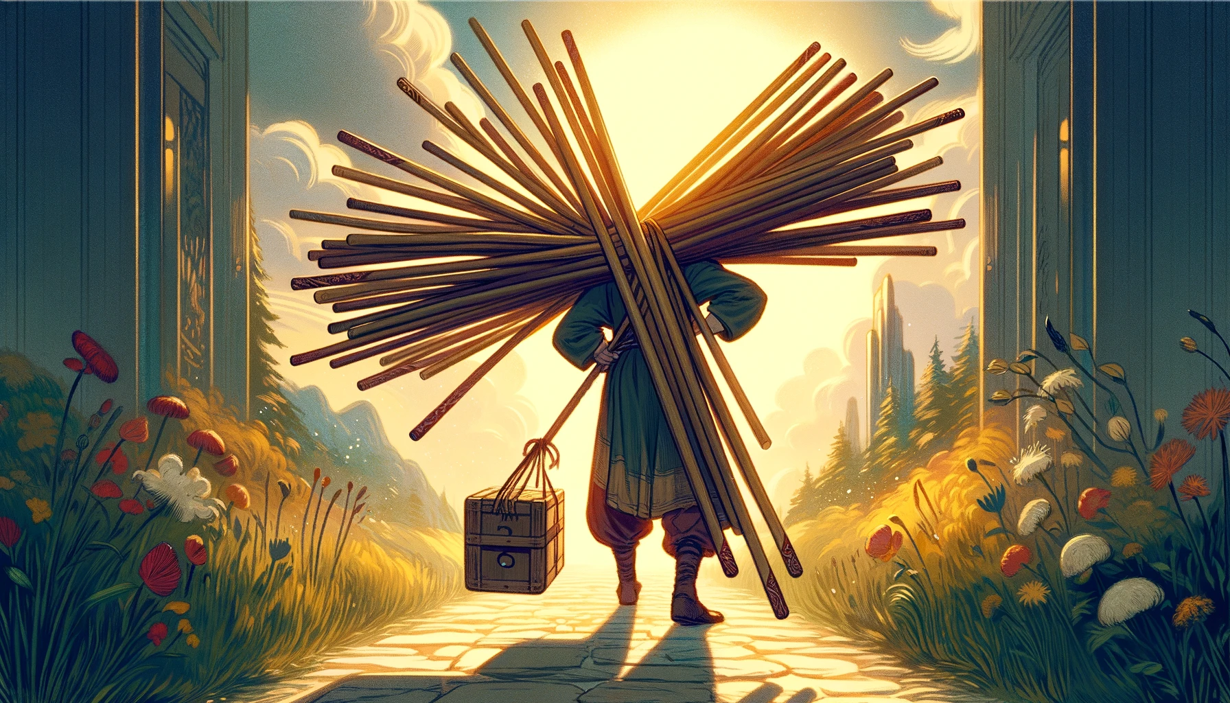 The image portrays an individual's deep desire to overcome burdens and find balance in their life. The figure exhibits determination to persevere and lighten the load. Set against a backdrop suggesting the potential for relief and hope for a future where the weight of these wands can be shared or diminished, the scene embodies the tension between struggle and the desire for tranquility. The visual representation enriches the article by capturing the emotional journey of seeking balance amidst life's challenges.