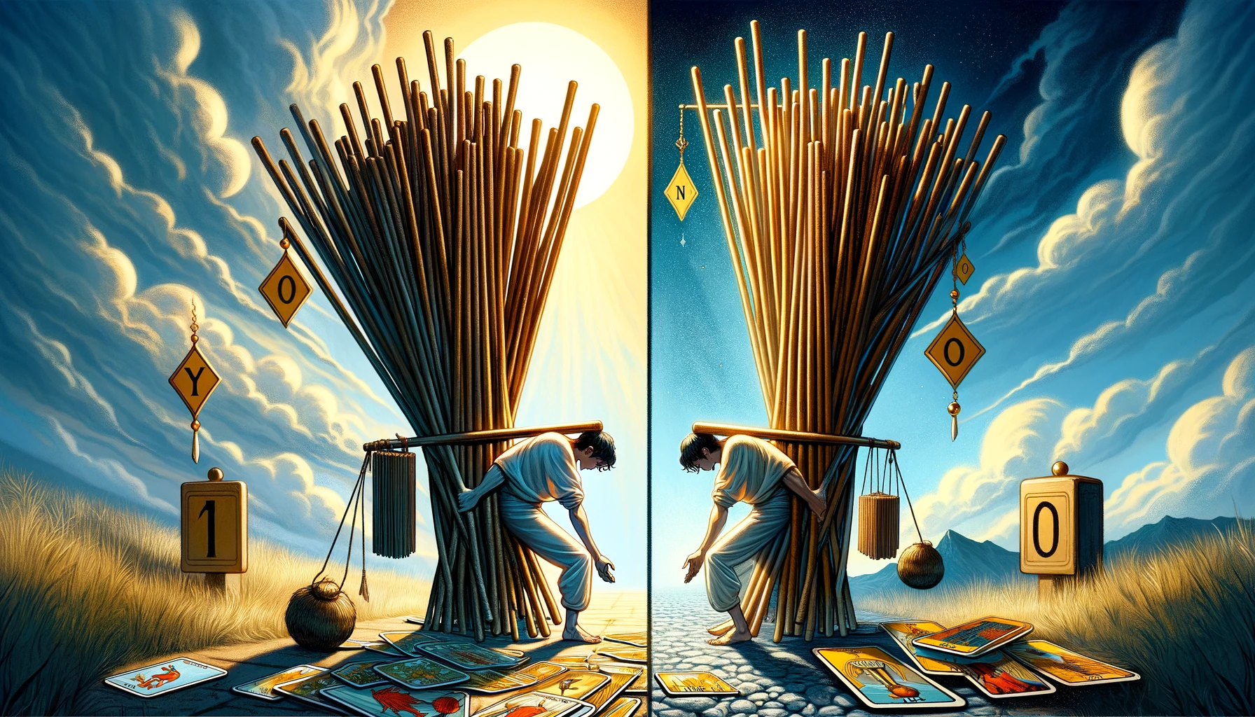 The image explores the card's implications in decision-making scenarios. One side illustrates the burden and challenges associated with a 'No' answer, while the other suggests a 'Yes' to releasing burdens. Set against a backdrop symbolizing the positive outcome of making wise choices, the transition between the two halves captures the essence of thoughtful decision-making, weighing the consequences of yes versus no. The visual representation enriches the article by portraying the nuanced considerations involved in decision-making processes.