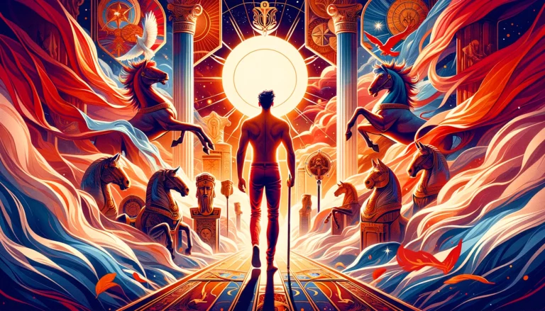 "Confident figure surrounded by symbolic elements of The Chariot card, exuding empowerment, victory, and conquest, against a backdrop suggesting dynamic energy and forward momentum."