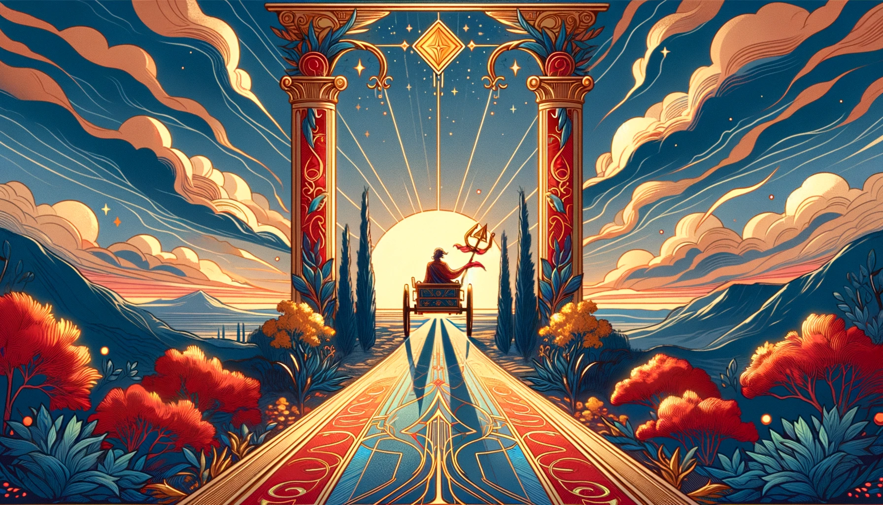 "Confident figure standing beside a clear path, surrounded by symbols of ambition and journey, against a backdrop suggesting progress and success, with a dynamic color palette conveying energy and determination associated with The Chariot card in personal desires context."