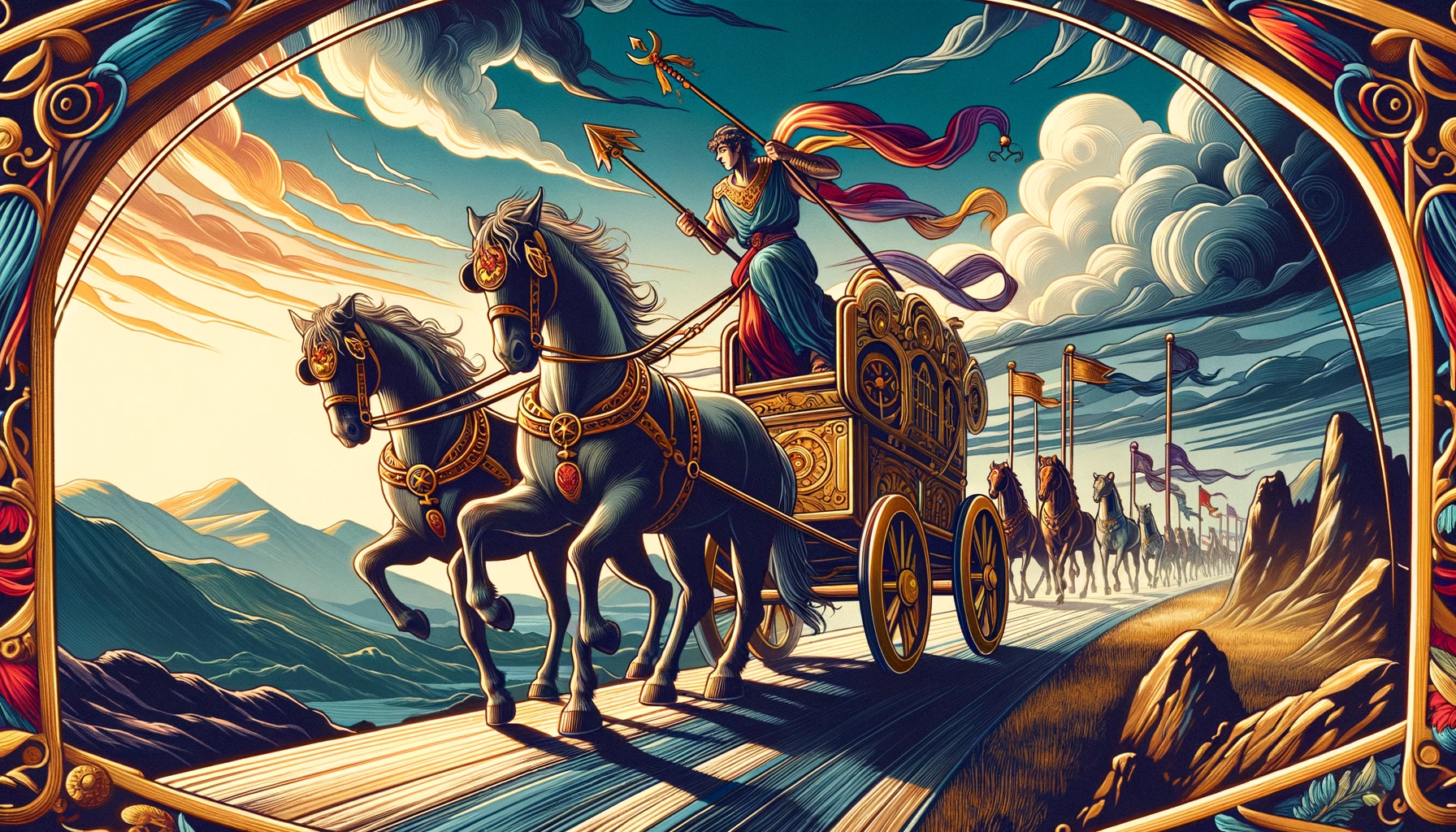 "Chariot moving decisively forward on a clear path, driven by a figure symbolizing control and willpower, set against a diverse landscape, conveying empowerment and victory with a vibrant color palette reflecting courage, strength, and triumph."