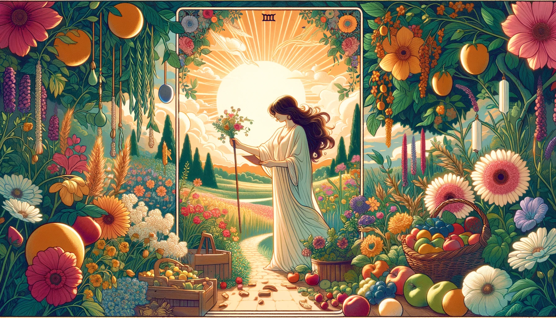 "The Empress tarot card is depicted in a vibrant and fertile landscape, abundant with blooming flowers, ripe fruits, and lush greenery, symbolizing prosperity and well-being. A nurturing figure engages in acts of care or creation, embodying The Empress's nurturing energy and reinforcing the card's message of fostering development and support. Warm earth tones, vibrant greens, and rich floral colors enhance the sense of a nurturing and supportive environment."