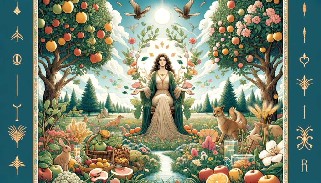 "A serene depiction illustrating The Empress's connection to nature, creativity, and nurturing, ideal for interpreting the card in contemporary contexts. The image showcases lush greenery, blooming flowers, and a nurturing figure, embodying The Empress's empowering energy."